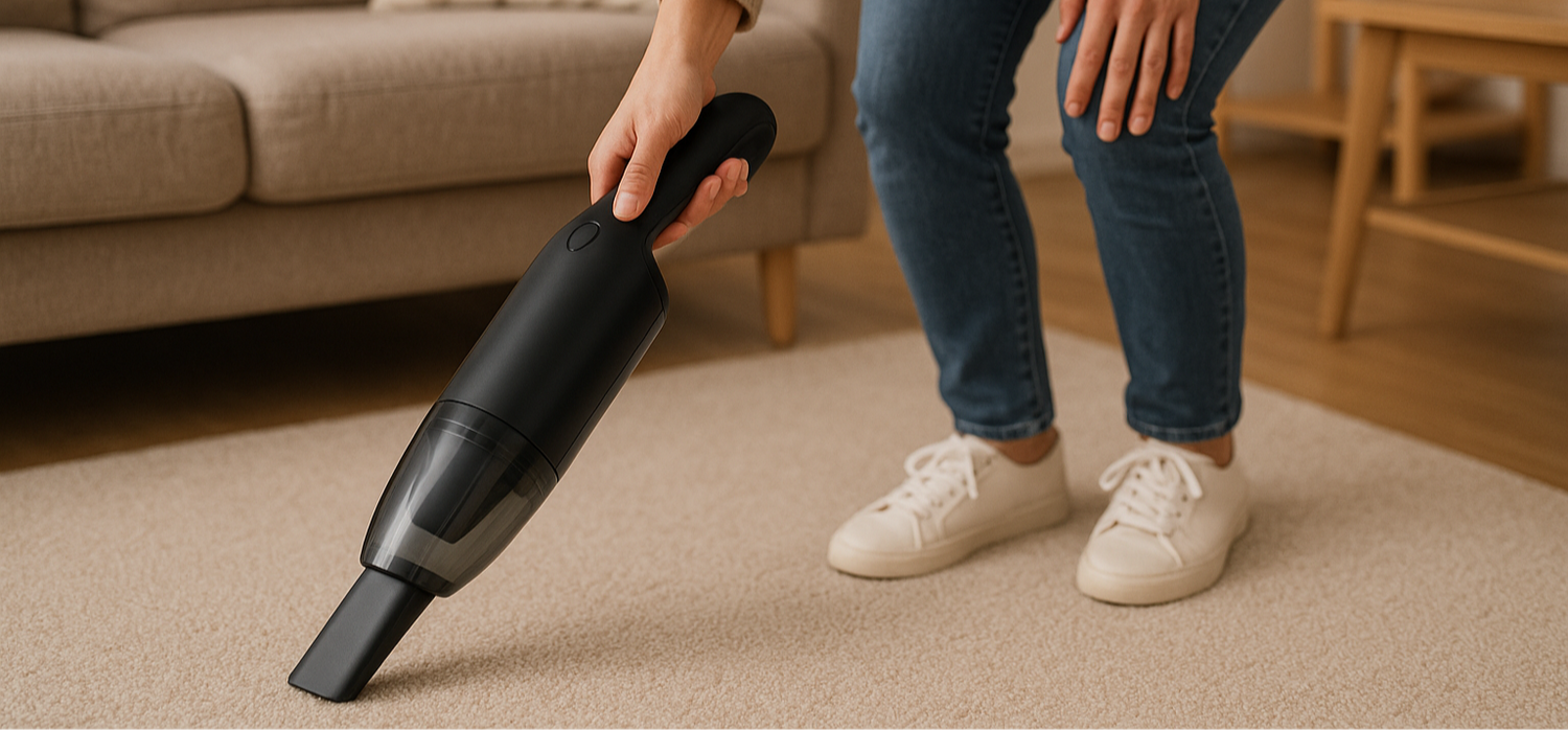 une personne qui passe l'aspirateur chez elle. C'est un petit aspirateur noir sans fil qui a une apparence d'aspirateur pour voiture.